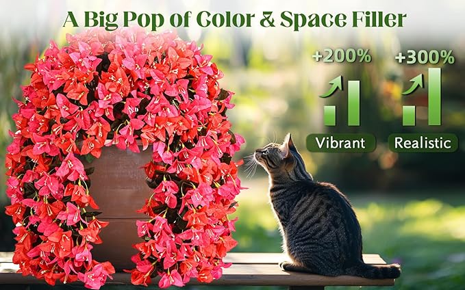 4 Pcs UV Resistant Artificial Flowers for Outdoors, Realistic Faux Silk Bougainvillea Flowers, Fake Hanging Plants for Porch Patio Balcony Decoration (Rose red & Red)