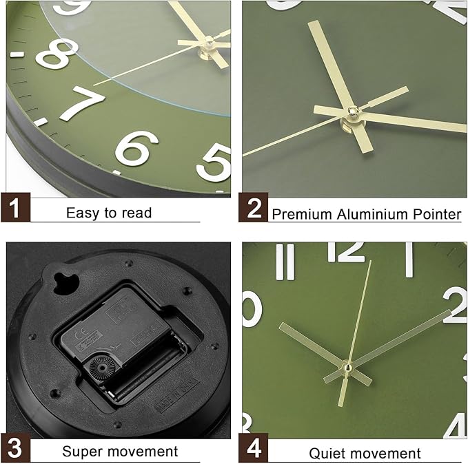 Inbagi 8 Pcs Wall Clock Large Silent Battery Operated Wall Clocks Modern Non Ticking Wall Clocks Bulk Decorative for Kitchen Office Living Room Home Bathroom Bedroom Classroom (Green,12 Inch)