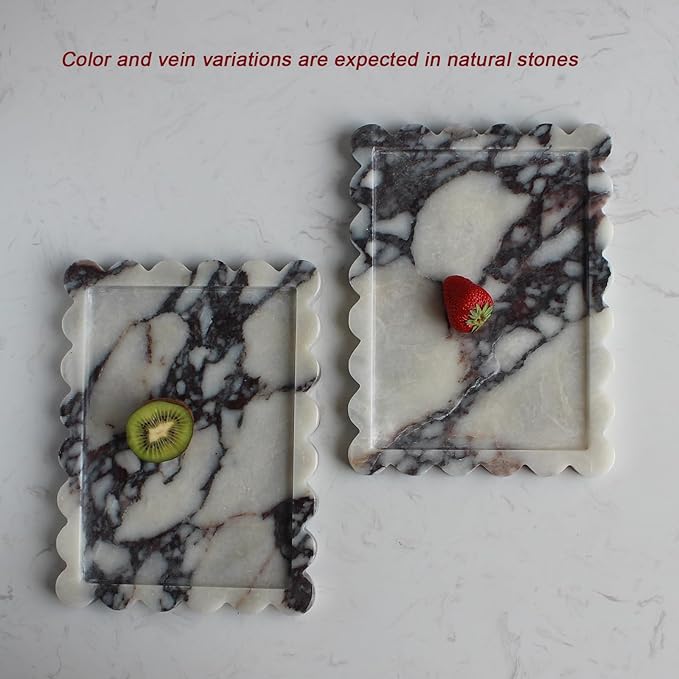 Natural Luxury Scalloped Marble Tray 10.8"x8", Rectangle Vanity Tray for Bathroom Kitchen Counter, Decorative Tray for Dresser Home Decor (calacutta Purple)