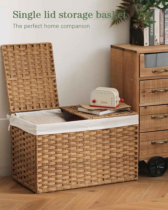 Storage Basket with Lid Rattan Woven Storage Baskets with 2 Separate Lids, 17.2 Gallon (65 L), 22 x 13 x 13.8 Inches,Foldable, 2 Removable Liner Bags Handles for Bedroom, Laundry Room Natural