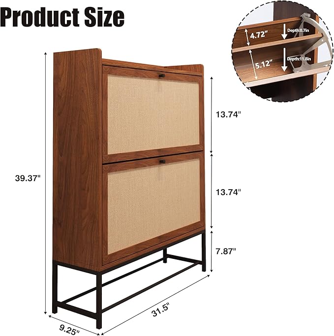 AVZEAR Narrow Shoe Storage Cabinet for Entryway with 2 Flip Drawers, Freestanding Shoe Cabinet with Natural Linen Panel, Slim Wood Shoe Organizer Closed Shoe Rack for Hallway, Foyer(Walnut)