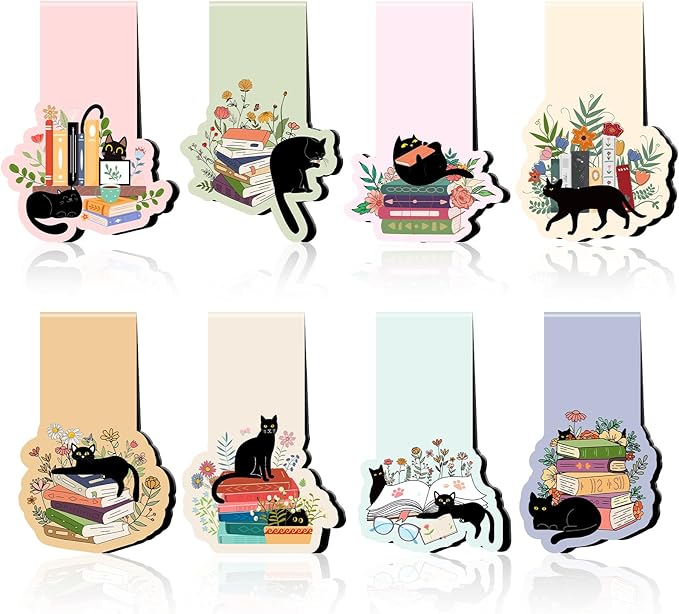 Black Cat Magnetic Bookmarks - 8 Pcs Floral Magnetic Bookmark Plant Bookmark Magnets Page Clip Gifts Book Mark Magnets Cat Lover Gifts for Book Lovers Students Teacher Reading Book Mark