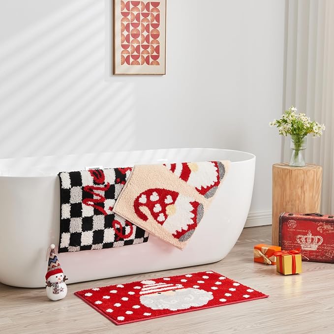 Douceur Christmas Checkered Bathroom Rugs, Cute Black Bath Mat, Christmas Bathroom D cor Non Slip Bath Rugs, Soft and Absorbent Washable Bath Rugs for Bath 32"X20"