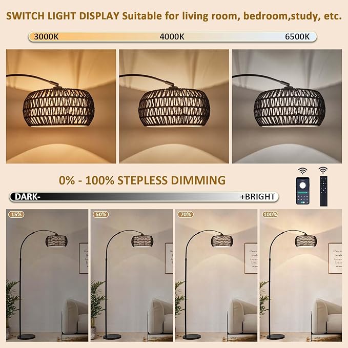 Arc Floor Lamp with Remote App Control Natural Rattan 100% Hand-Woven Dimmable Boho Rattan Floor Lamps with 3 Color Temperature Floor Lamps for Living Room Bedroom Offices(Black)