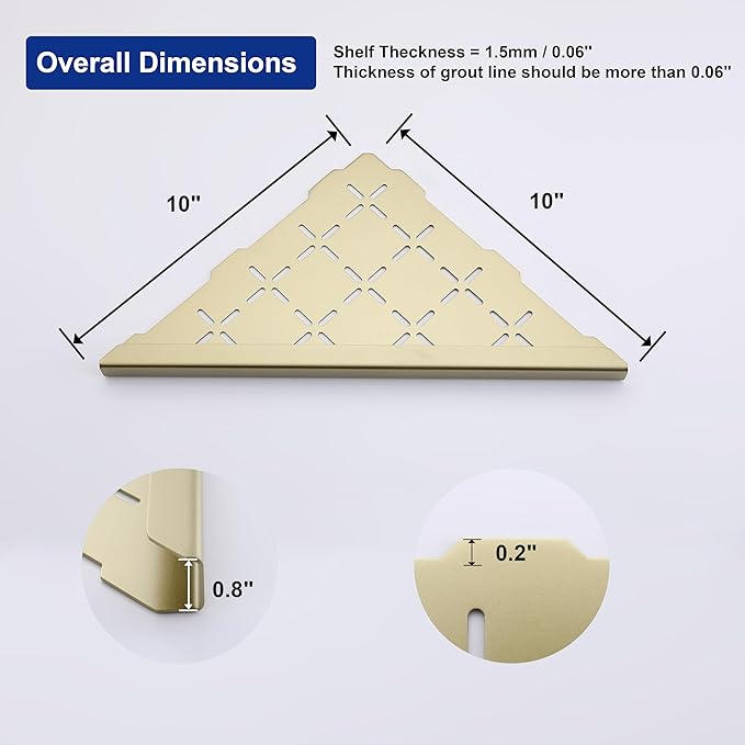 10" Corner Shower Shelf, 2-Pack Shower Shelves SUS304 Stainless Steel Bathroom Shelves for Tile Walls, Recessed Corner Shelf Organizer Rack, No Drilling (Brushed Gold)