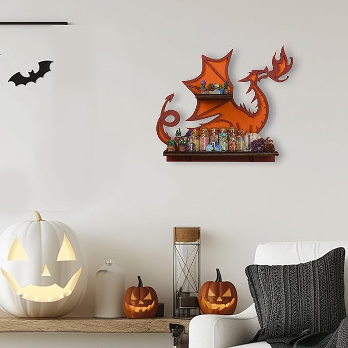 Wooden Fire-Spitting Dragon Decor Crystal Display Shelf for Wall, Rock Display Case Knick Knack Organizer Trinket Holder, Wall Hanging Shelves for Essential Oil & Nail Polish