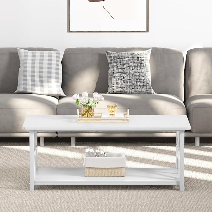 GreenForest Coffee Table for Living Room with Round Corners Farmhouse Style Center Table with Storage Shelf 39 Inch Space Saving Easy Assembly Full White
