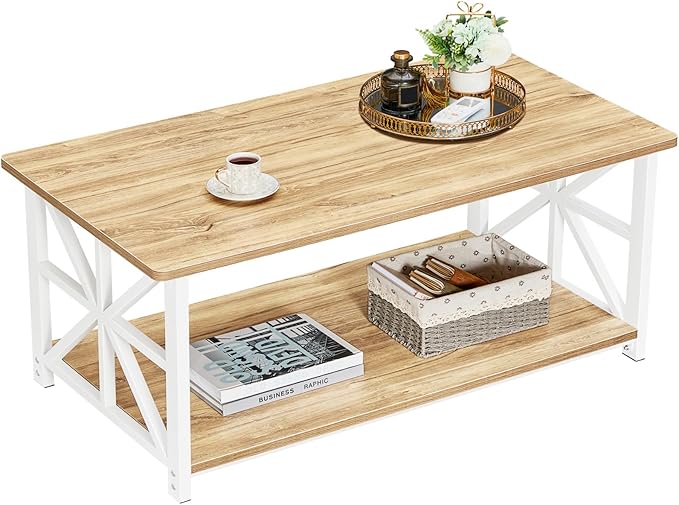 GreenForest Coffee Table with Round Corner, Farmhouse Center Table with 2-Tier Storage Shelf X-Frame Design for Living Room, 39 inch Oak
