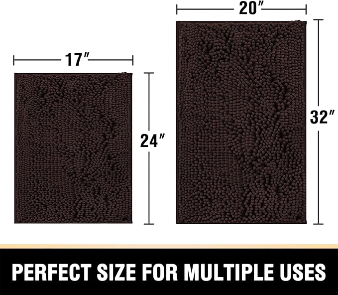 H.VERSAILTEX Bathroom Rugs Bath Mats for Bathroom Non Slip Luxury Chenille Bathroom Rugs Extra Soft Absorbent Shaggy Bathroom Mat Rugs Washable Fast Dry 2 Piece (Chocolate, 20" x 32"/17" x 24")