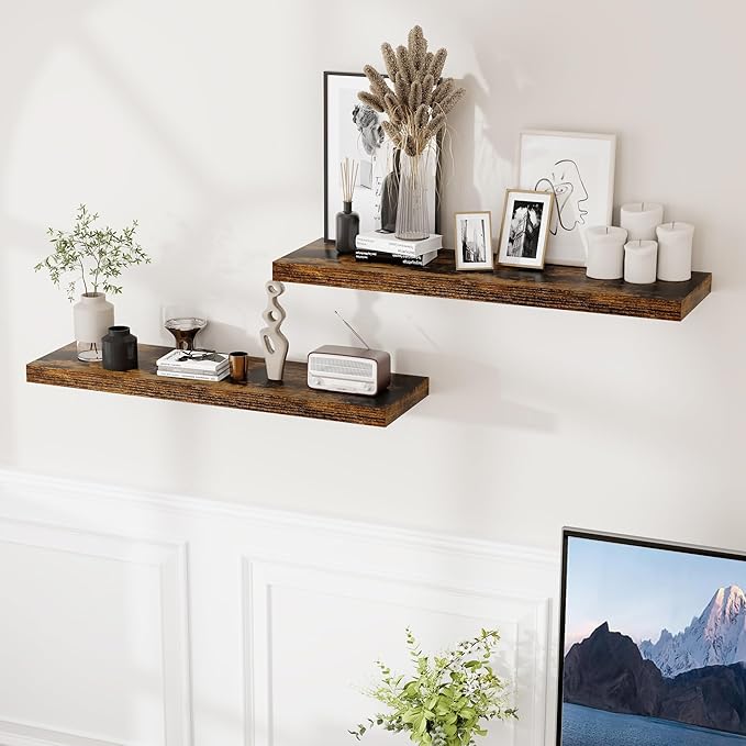 36"x9.3" Floating Shelves, 9.3 Inch Deep Floating Shelf, Rustic Wall Shelves 36 Inch Long, Large Display Shelves for Books, Deep Storage Shelf for Living Room, Laundry Room - Rustic Brown, Set of 2