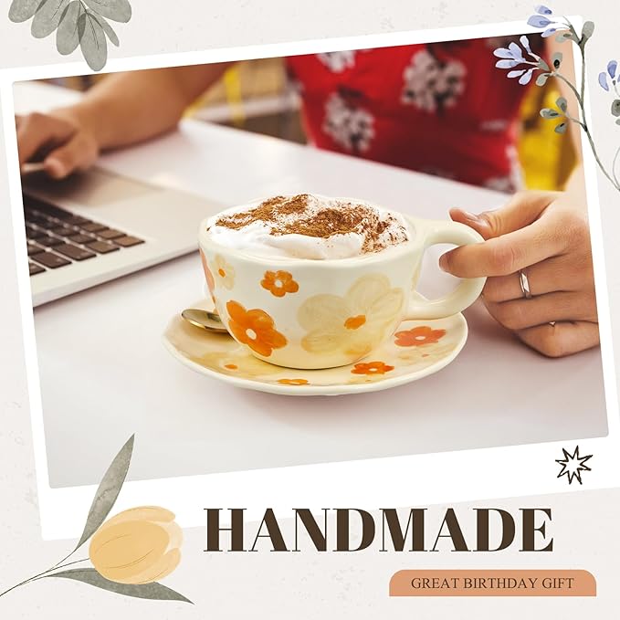 Vesici 4 Pcs Ceramic Coffee Mug with Saucer Spoon 8.5 oz Flower Cup with Handles Floral Aesthetic Vintage Porcelain Cute Mug Set for Tea Latte Milk Office Home, Dishwasher and Microwave Safe, 4 Styles