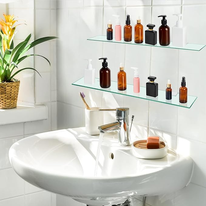 Tatuo 2 Pieces Bathroom Shelf Tempered Glass Shelf for Bathroom, 304 Stainless Steel Wall Mount Floating Glass Shelves (23.6 Inch)