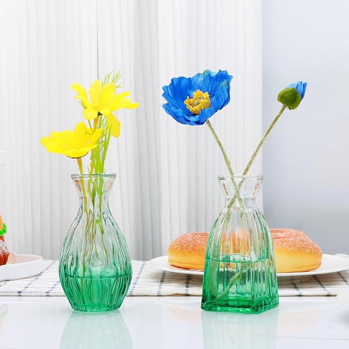 Mapoxy Glass Bud Vases Set of 4,Small Green Flower Vases for Wedding Centerpiece Table Decorations,Clear Vintage Embossed Mini Vases,Flower Arrangements in Vases for Party or Home Decor