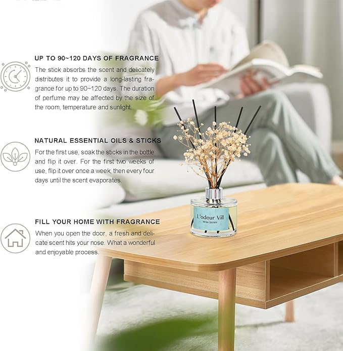 L'odeur Vill Reed Diffuser Set, 6.7 oz(200ml) White Jasmine Scented Diffuser with 6 Oil Diffuser Sticks, Home Fragrance Essential Oil Reed Diffuser for Home Large Rooms Bathroom Shelf Decor