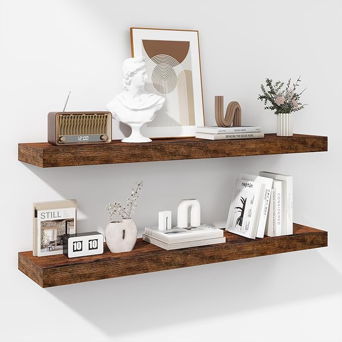 Fun Memories 36 Inch Floating Shelves - Deep Rustic Wooden Wall Shelves - Extra Deeper & Thicker Wall Mounted Storage Shelf for Bedroom, Kitchen, Farmhouse - 2 Pack, Rustic Brown