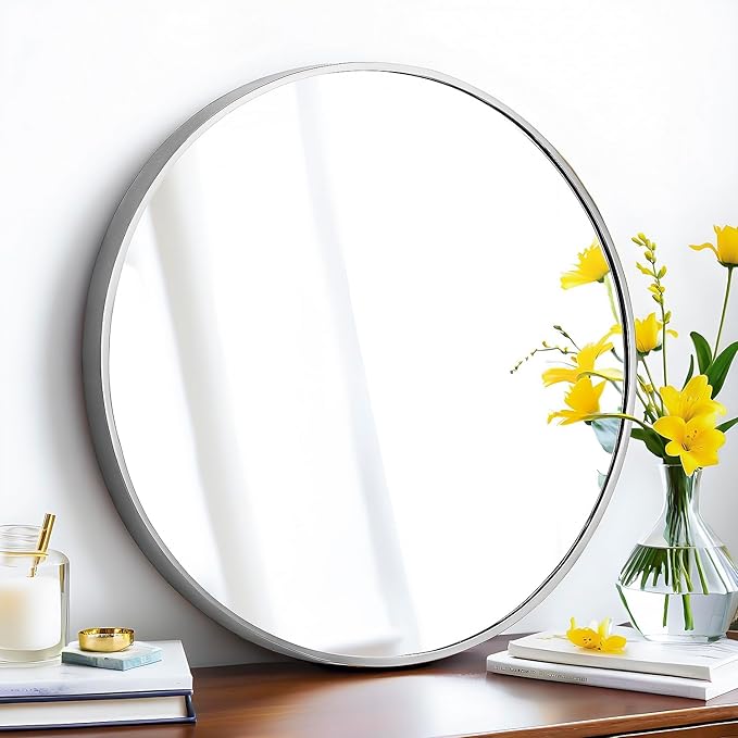 24" Round Mirror Circle Wall Mounted Hanging or Against Wall Metal Frame Dressing Make-up Mirrors for Entryway Bedroom Bathroom Living Room 24 inch Silver