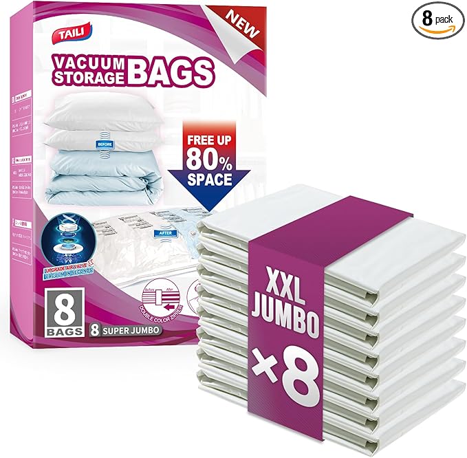 TAILI 8 Pack Vacuum Storage Bags for Comforter and Blankets, XXL Jumbo Vacuum Seal Bags for Bedding (47x39 Inch), Huge Space for Toy, Bedding, Pillows, Save More Closet Space
