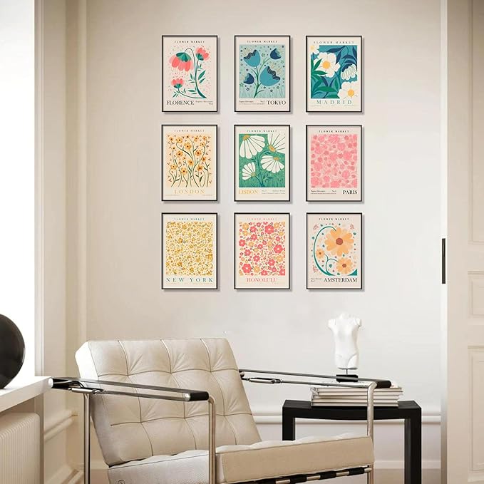 Flower Market Poster Set of 6, Abstract Flower Market Wall Art Prints, Vintage Colorful Floral Wall Art Decor, Boho Room Decor(8x10inch, Unframed)