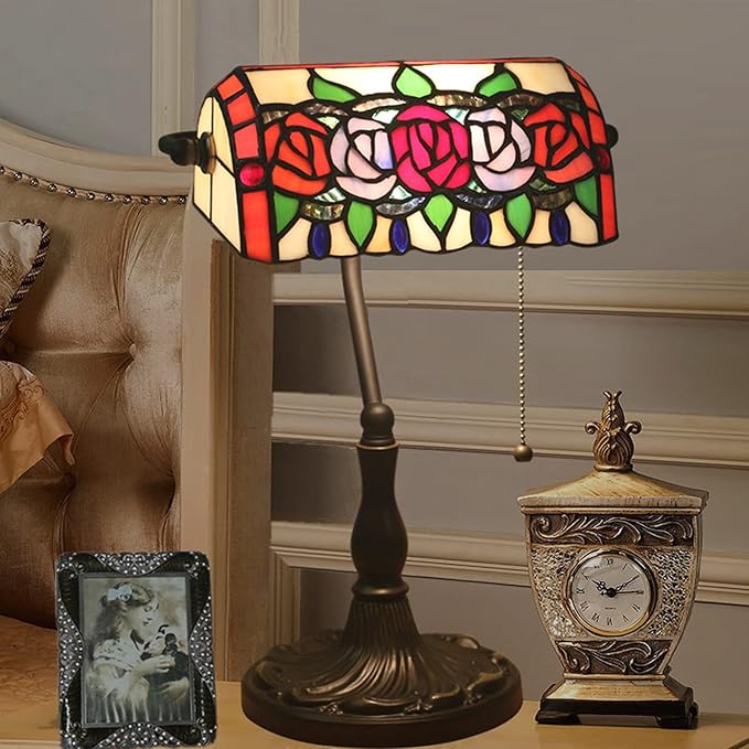 Tiffany Style Bankers Table Lamp Stained Glass Piano Desk Lamp Vintage Bedroom Bedside Lamp for Study,Antique Alloy Base,Zipper Switch,Rose a