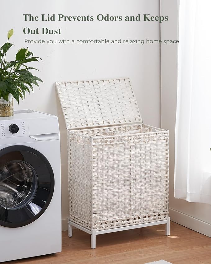 Laundry Hamper with Lid, 112 L Handwoven Rattan Wicker Laundry Basket, 2 Removable Liner Bags Metal Heightened Feet, 6 Mesh Bags, 2 Section Large Clothes Hamper for Bathroom Bedroom, White