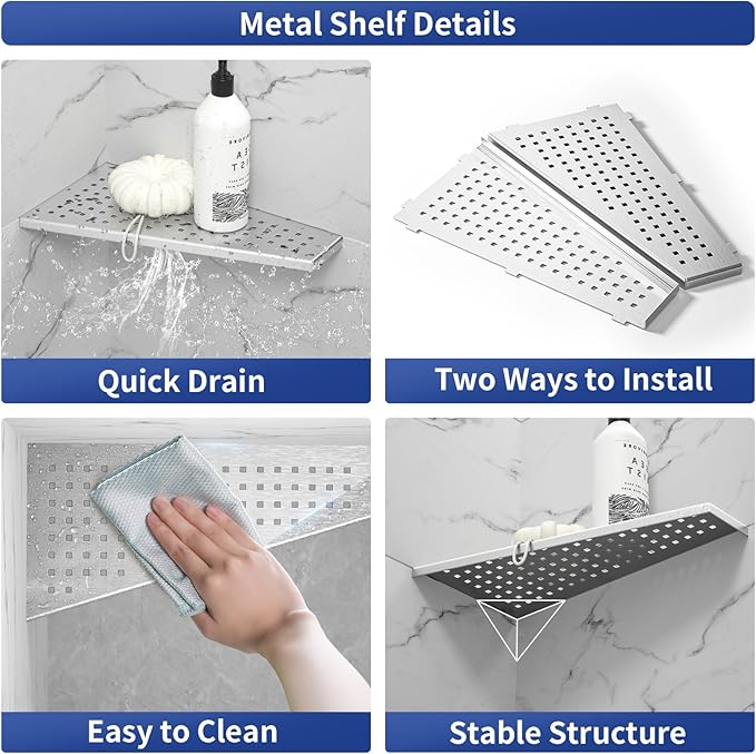 Corner Shower Shelf, Brushed 12" Trapezoid Floating Shelf, 304 Stainless Steel Grid Design Recessed Bathroom Shelf for Tiled Wall, No Drilling