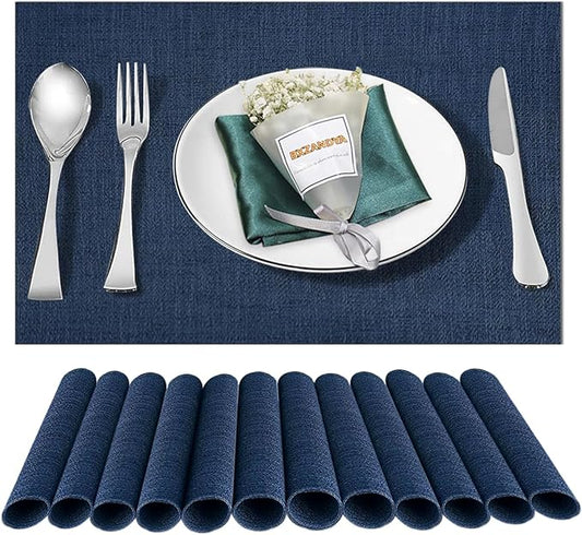 Placemats Set of 12,Washable,Heat and Stain Resistant Indoor/Outdoor Place mats, Vinyl Woven Non Slip Table Mats for Restaurant Table Protection, PVC Table Placemats.(Navy Blue, 12PCS)