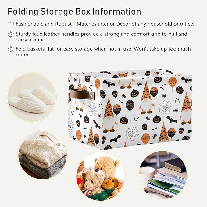 Happy Halloween Gnomes Storage Basket Fabric Kitchen Baskets Spooky Pumpkin Ghost Bat Spider Web Open Home Storage Bins Boxes Foldable Foldable for Candy Toy Decorations Baskets 16×12×8 Inches