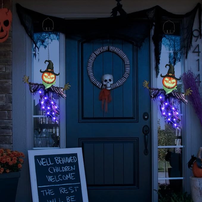 ILLUMINEW Solar Halloween Metal Hanging Decorations Outdoor, Solar Powered Lighted Metal Pumpkin with Glowing Eyes for Halloween Outdoor Tree, Wall, Porch, Patio Decor (Pumpkin)