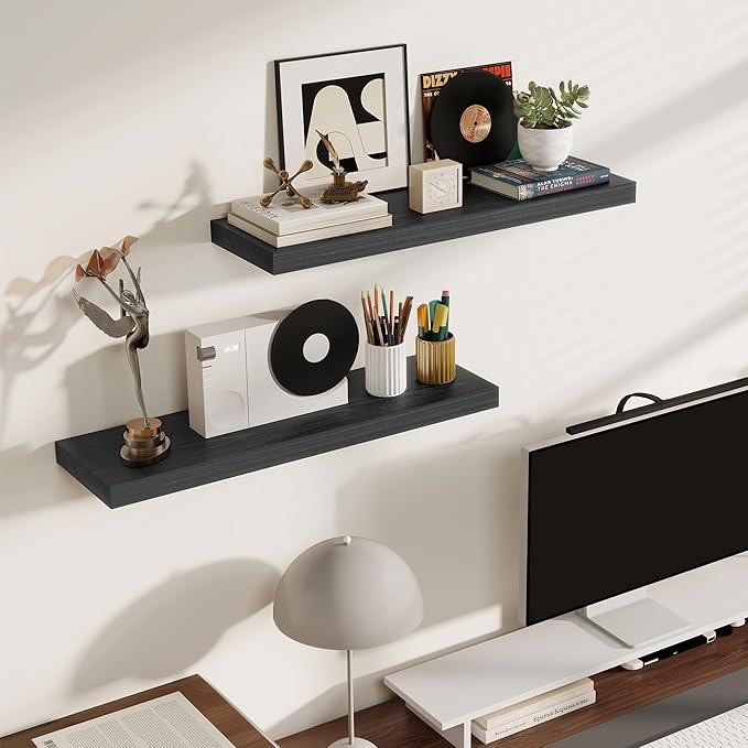Fun Memories Rustic Floating Shelves for Home Decor, 8 Inch Deep Floating Shelf, Solid Wood Floating Wall Shelves 30 Inch Long, Deep Wall Shelves for Bathroom, Living Room, Black Finsh, Set of 2