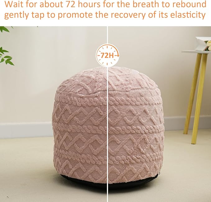 Round Stuffed Pouf Ottoman for Foot Rest, Faux Fur Poufs with Foam Chunk Filling, Storage Ottoman Pouf Foot Stool Cushion, 20 X 15 InchFloor Poufs Foot Rest for Living Room Bedroom Home Decor (Pink)