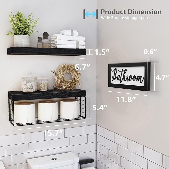 QEEIG Bathroom Shelves Over Toilet - Paper Storage Wall Mounted Farmhouse Decor Decorations Aesthetic Décor Sign Small Floating Shelf 2+1 Set 16 inch, Black (020B)
