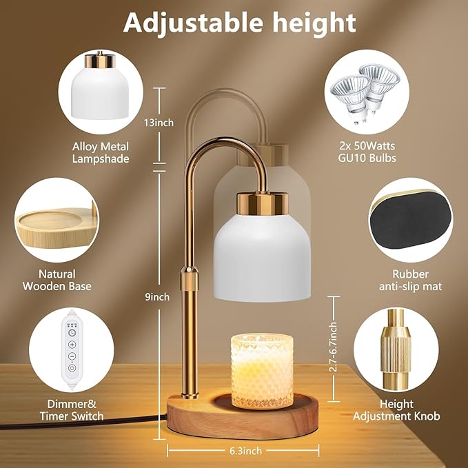 Candle Warmer Lamp, with Timer Dimmer and 2 Bulbs, Height and Brightness Adjustable, Modern Electric Wax Warmer for Women Mom, Best Birthday and House Warming Gift for New Home Decor