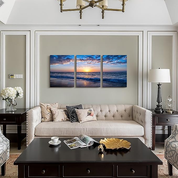 Framed Canvas Wall Art for living room Large Size Office Wall Decor Sunrise blue sea view Wall Pictures Artwork ocean Paintings Ready to Hang for Modern bedroom Home Decoration 16" x 24" 3 Pieces