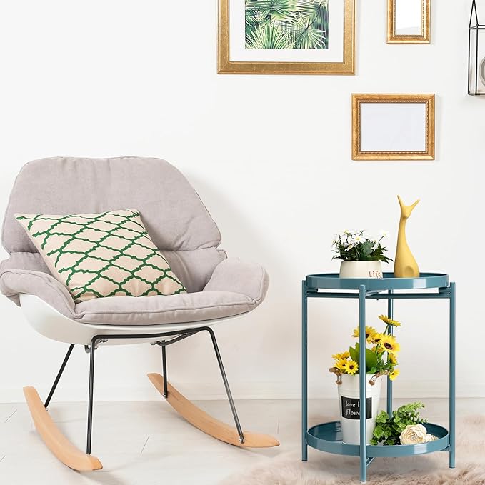 TeoKJ 2 Tier Round Side Table, Folding Round Metal End Table Small Nightstand with Two Removable Tray for Bedroom Living Room Bedside Small Spaces Blue Gray