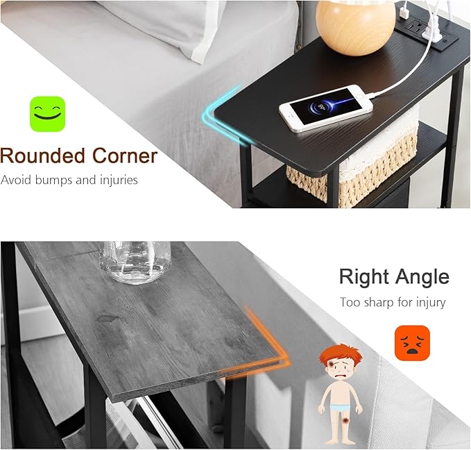 Narrow End Tables Living Room Set of 2 with Charging Station, Skinny Side Table with Fabric Drawers, Slim Nightstand for Bedroom, Small Spaces, Couch, Black, HETNDP03BK
