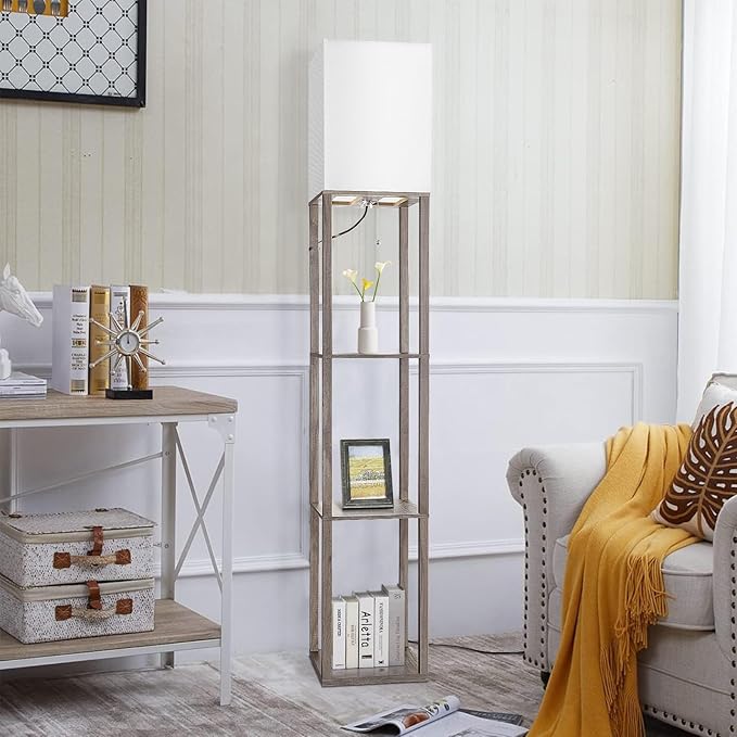 Floor Lamp with Shelves,Wood Corner Floor Lamps for living room tables with 3 CCT LED Bulb,Modern Display Bookshelf Nightstand Lamps,Column Standing Lamp for Bedroom Office Home Decor-Rustic Wood