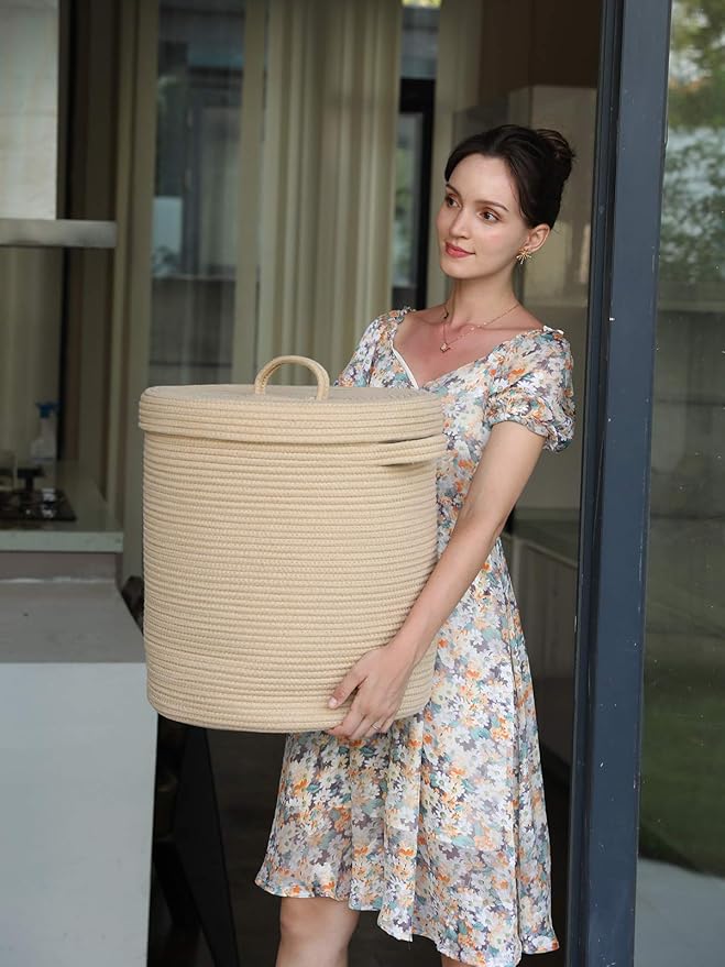 16" x 16" x 18" Extra Large Storage Basket with Lid, Cotton Rope Storage Baskets, Laundry Hamper, Cloth Bin, for Clothes Towels Blankets Pillows Storage in Living Room, Full Beige with Cover