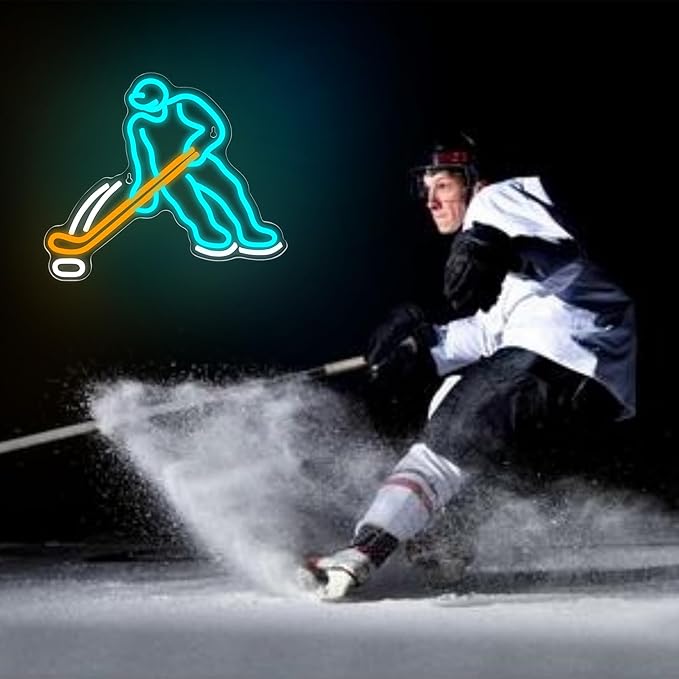 Ice Hockey Neon Sign for Wall Decor Sports Neon Sign for Man Cave Hockey Player LED Light for Garage Decor Dormitory Bar Club Shop Wall Great Birthday Gift for Men Size13.7 * 11.8inch(ZKXD194)