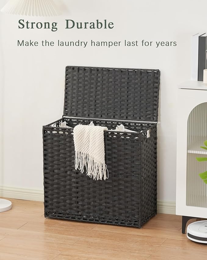 Laundry Hamper with Lid Laundry Basket 132 L (35 Gal) Wicker Clothes Hamper, Handwoven Rattan Hamper with Handles and 4 Removable Liner Bags, 6 Mesh Bags for Laundry Bedroom Black