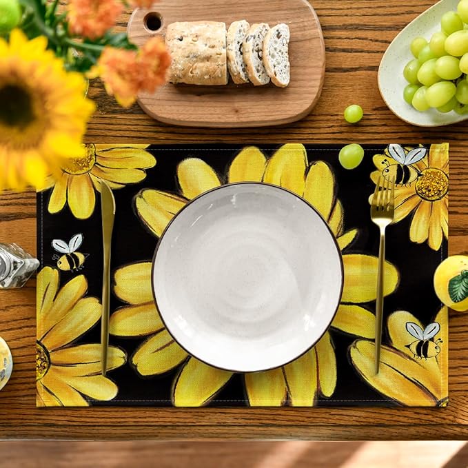 Artoid Mode Sunflower Bee Summer Placemats Set of 6, 12x18 Inch Seasonal Spring Table Mats for Party Kitchen Dining Decoration
