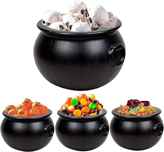 PMU 4pc Halloween Cauldron - Multi-Pack Assortment Plastic Candy Holder for Kids - Halloween Party Favors & Supplies - Black - (1) 16" 20115, (3) 8" 55280 (Handles not included)