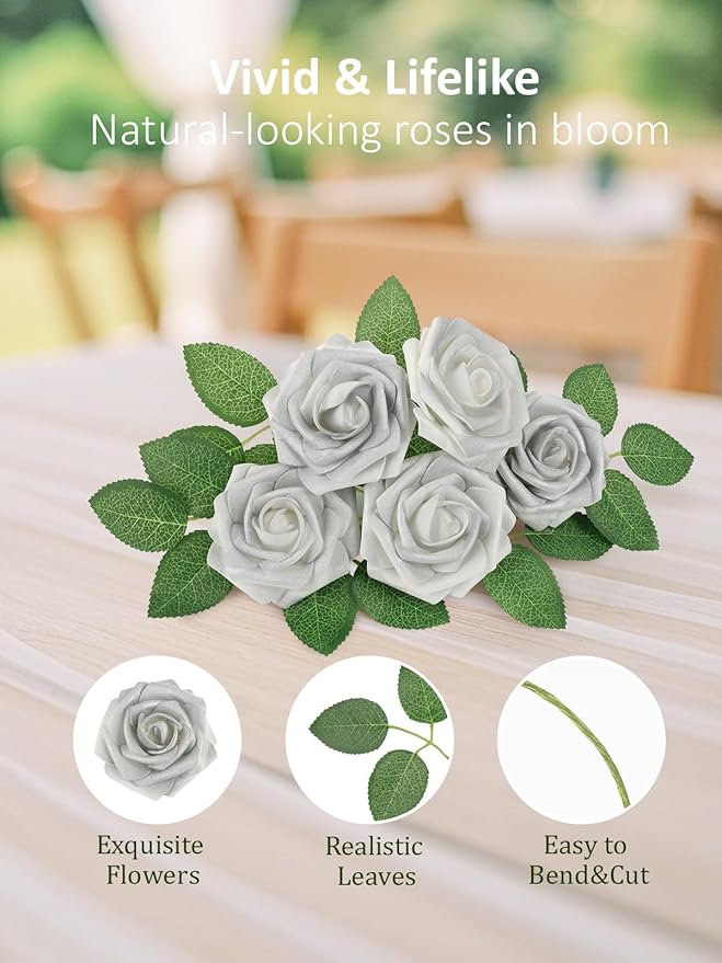 N&T NIETING Artificial Flowers, 50pcs Fake Flowers Roses with Stem for DIY Wedding Bouquets Centerpieces Bridal Shower Party Home Decoration, Silver White