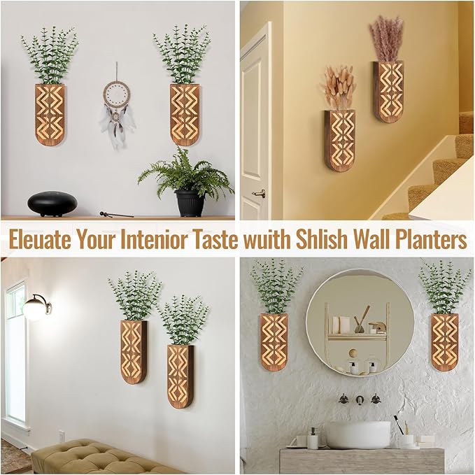 2 Pack Wooden Wall Vase Set, Wall Planter for Indoor Plants, Modern Farmhouse Art with Carving, Boho Wall Decor for Entryway, Hallway, Bathroom, Living Room, Dining Room
