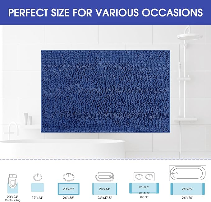 ACCUMTEK Striped Denim Blue Bathroom Rug Mat 70"x24" Ultra Soft, Non Slip Chenille Bath Rugs, Absorbent Plush Shaggy Bath Mats for Bathroom, Bedroom, Kitchen, Shower, Tub