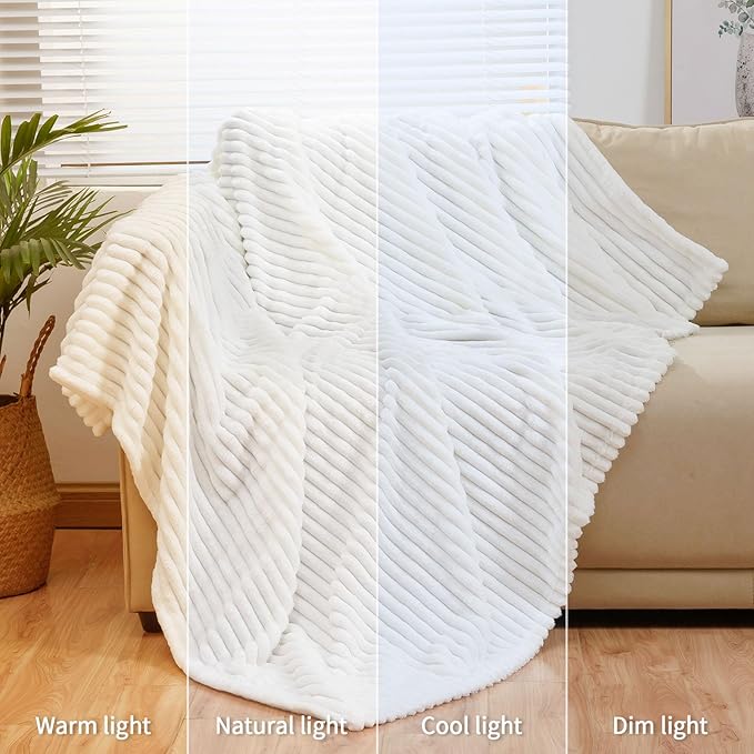 Bnuitland White Flannel Throw (60X80 inches) with Storage Pouch,300GSM Super Soft Fleece Stripe Pattern Sofa Blanket for Adults, Lightweight Cozy Bed Throw for Home Decor All Season