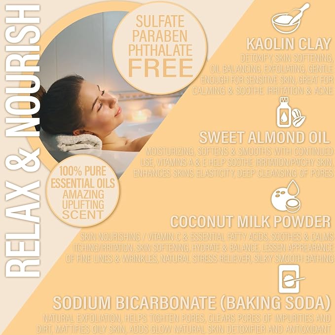 Vegan Milk Bath Soak Made with Moisturizing Coconut Milk Powder, Essential Oil, & Sweet Almond Oil for Bath Bomb Dust Soothing Fizz & Relaxing Soak, 8 oz. (Citrus Splash)