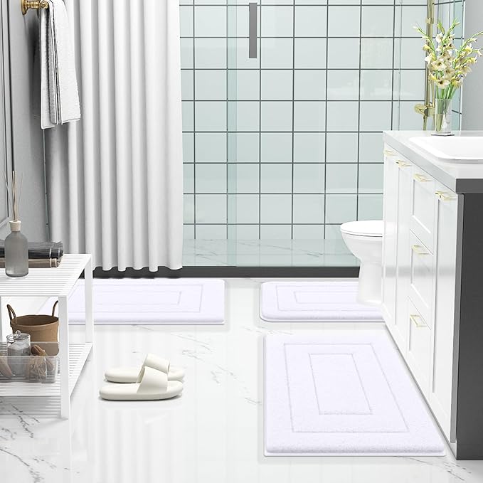 Buganda Bathroom Rugs, 30" x 20", Soft and Absorbent Microfiber Bath Rugs, Non-Slip Shaggy Shower Carpet, Machine Wash Dry Bath Mats for Bathroom Floor, Tub and Shower, White