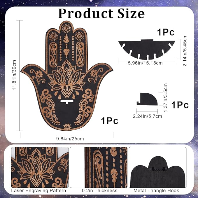 CREATCABIN Hamsa Crystal Display Shelf Hamsa Hand Wooden Wall Decor Crystal Holder Shelves Lotus Wall Mounted Floating Shelf Stand for Witch Stuff Altar Supplies Spiritual Gift Black 9.8 x 11.8Inch