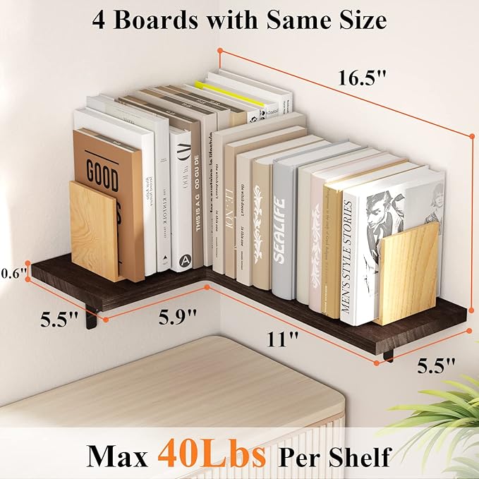 Love-KANKEI Corner Shelf Wall Mounted,Floating Wall Shelves for Storage,Rustic Wood Hanging Shelves for Display,Bedroom Bathroom Living Room Kitchen,Set of 4, Dark Brown