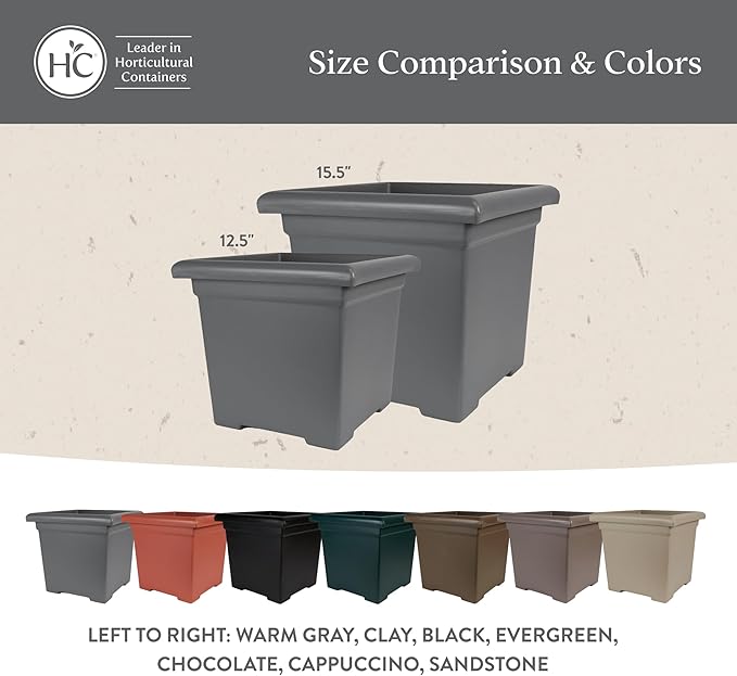 The HC Companies Accent Square Plant Pot w/Drainage - Classic Planters for Outdoor Plants & Indoor Plants - Lightweight & UV-Resistant Square Planter Box (15.5”, Chocolate, Pack of 2)